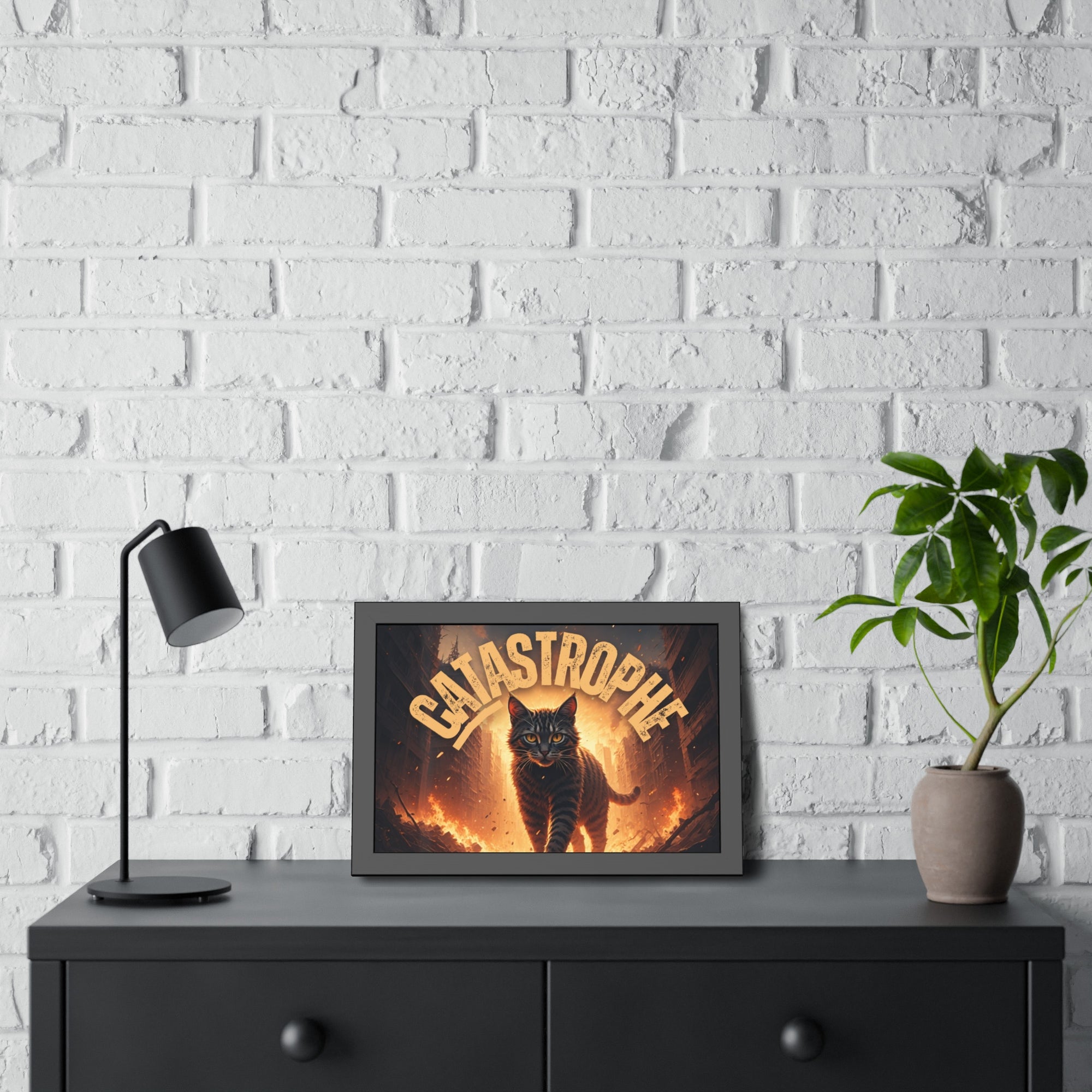Framed Catastrophe Cat Poster Art, Quirky Cat Artwork