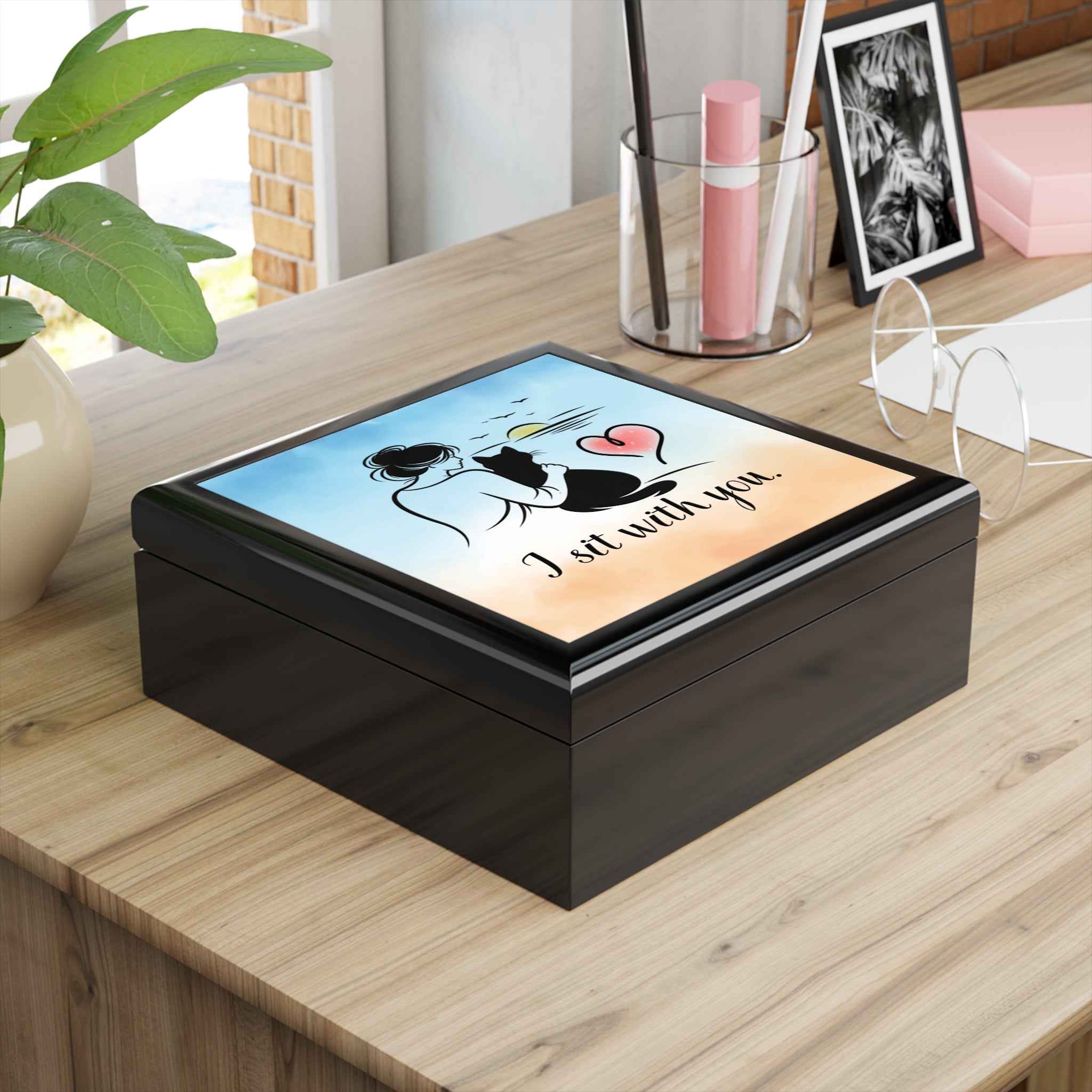 I Sit With You – Cat Silhouette Sunset Black Jewelry Box (Valentine Edition)