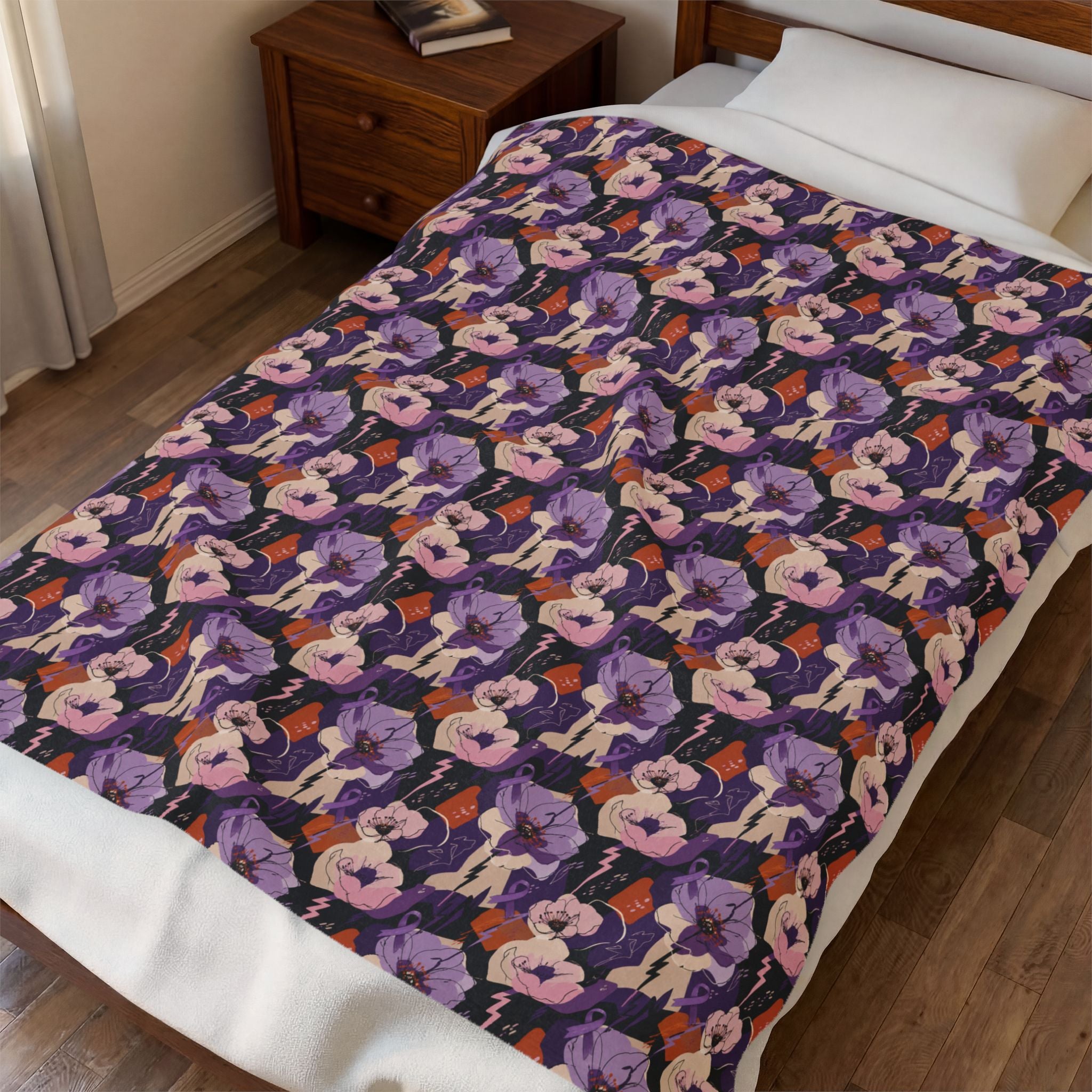 Epilepsy Awareness Floral Plush Blanket | Purple Ribbon Throw Blanket