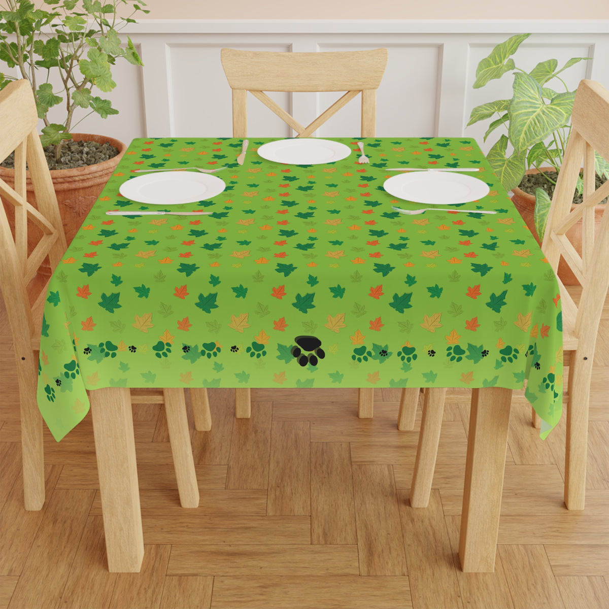 Vibrant Kitty Prints & Leaves Tablecloth for Gatherings