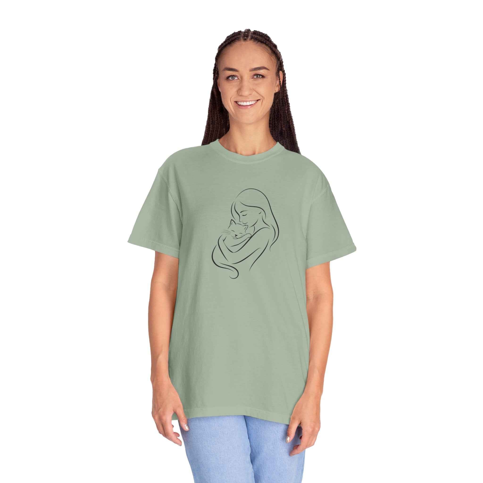 Mother & Cat Embrace T-Shirt | Minimal Line Art Cat Mom Shirt