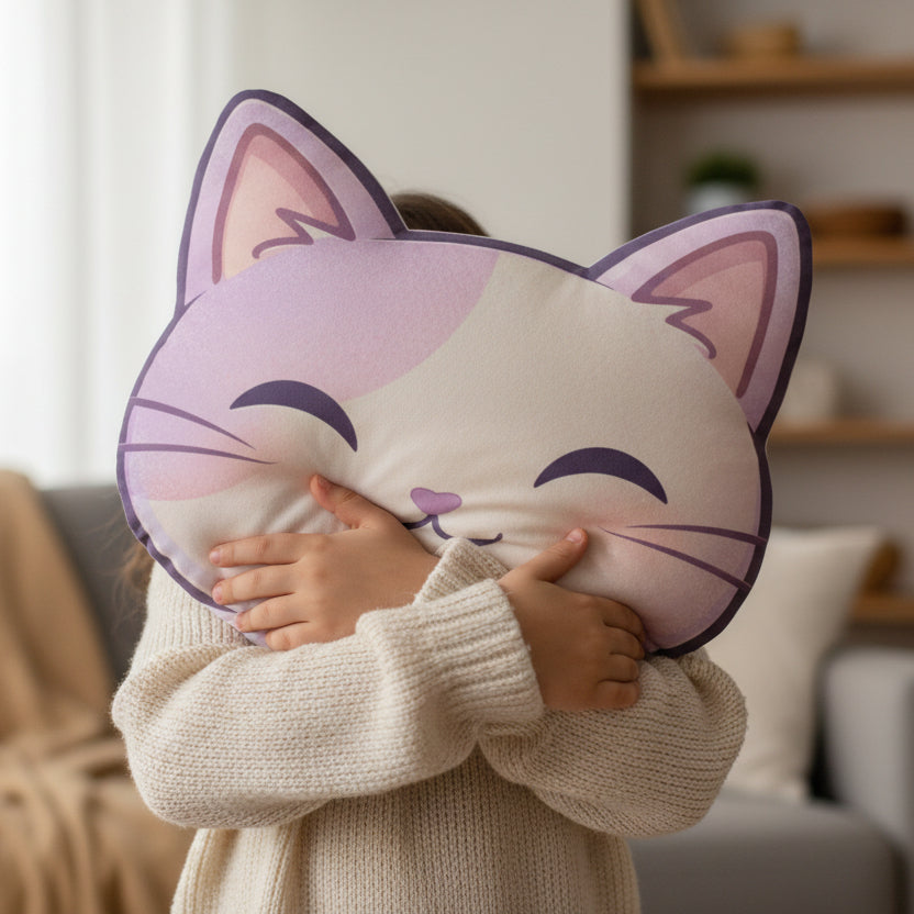Smiling Cat Face Shaped Pillow – Soft Plush Kids Cushion