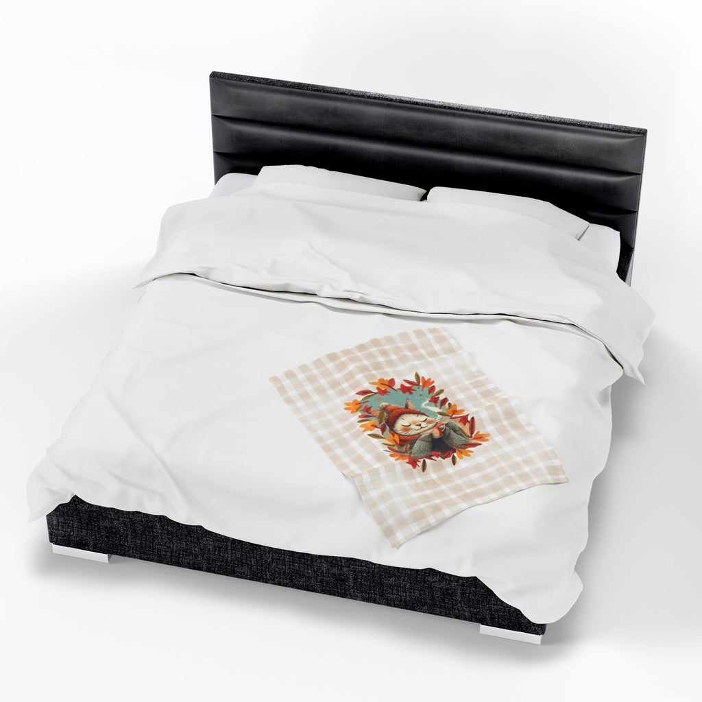 Hot Chocolate Cat Plush Blanket, Soft Throw for Fall