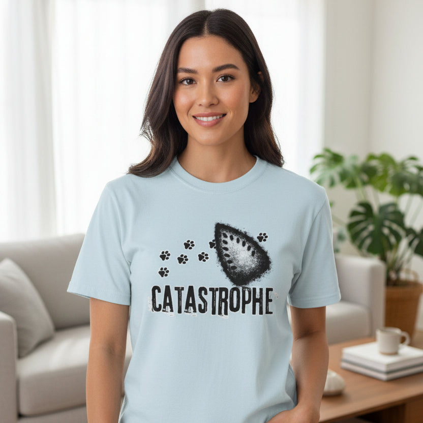 Catastrophe Iron Burn Graphic T-Shirt | Funny Cat Pun Shirt | Distressed Grunge Cat Tee