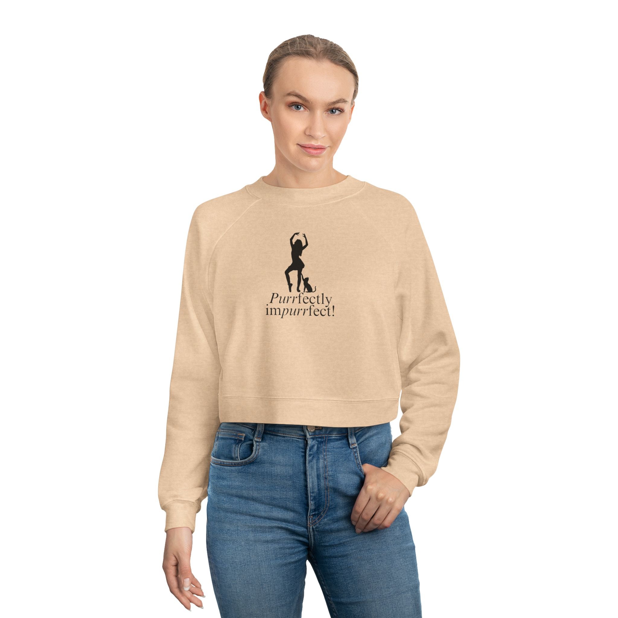 Photo depicting the ​Purrfectly Impurrfect Women's Cropped Fleece Pullover from EpiAl's Shop.