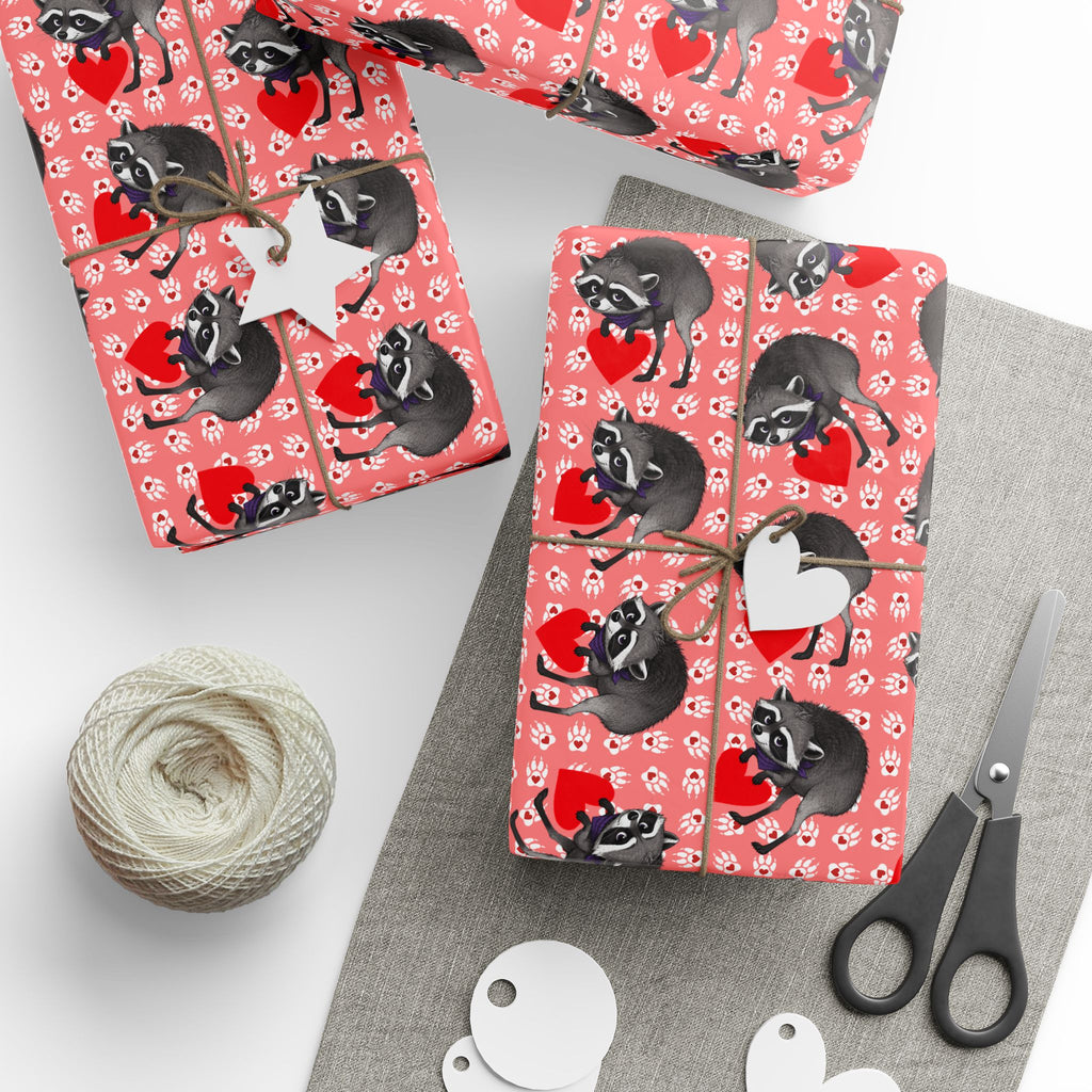 Jimothy's Love & Mischief Gift Wrapping Paper | Raccoon Hearts & Paw Prints