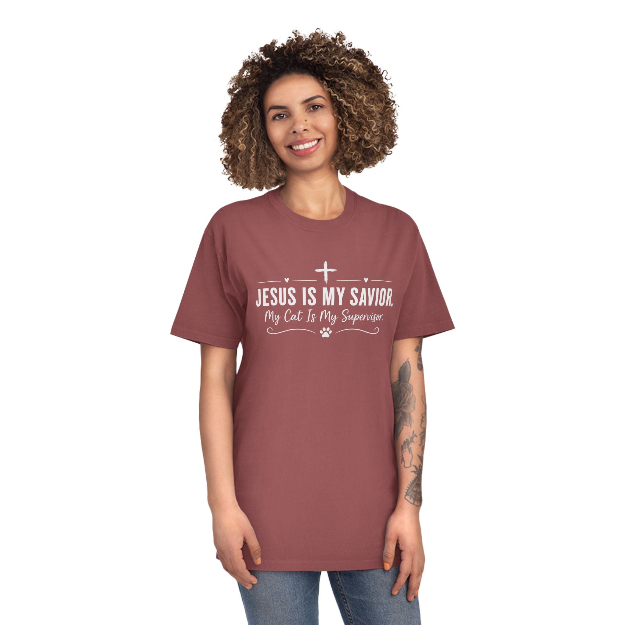 Jesus Is My Savior. My Cat Is My Supervisor. Vintage- Style T-Shirt