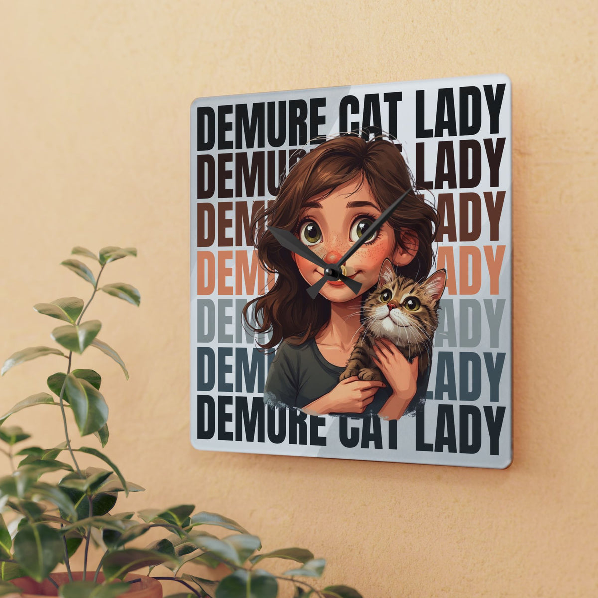 Demure Cat Lady Acrylic Wall Clock, Cute Cat Decor