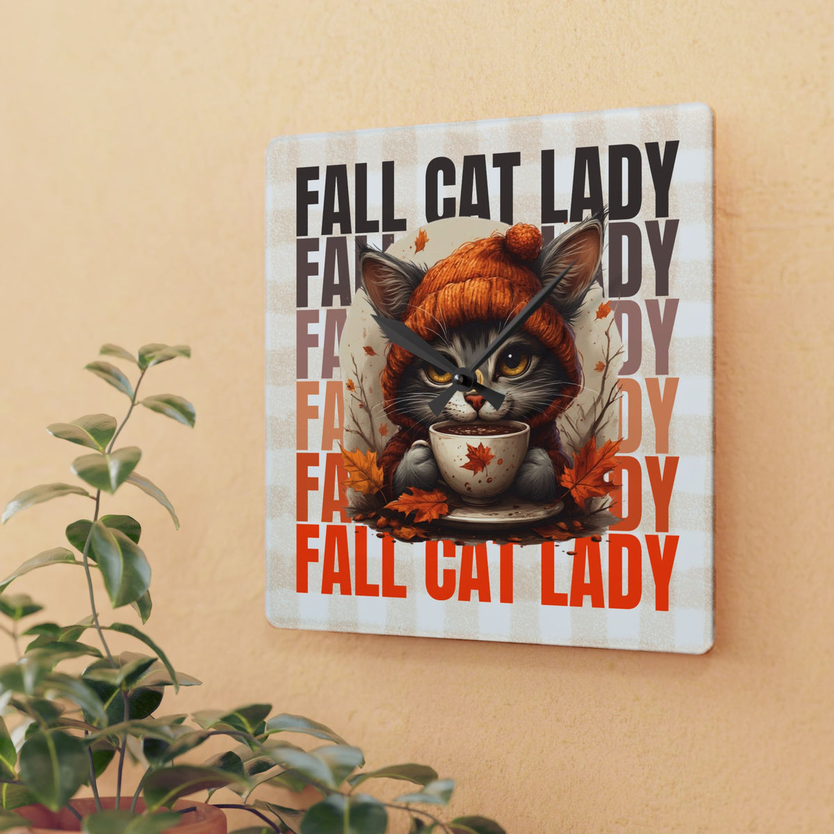 Fall Cat Lady Acrylic Wall Clock, Cute Cat Decor