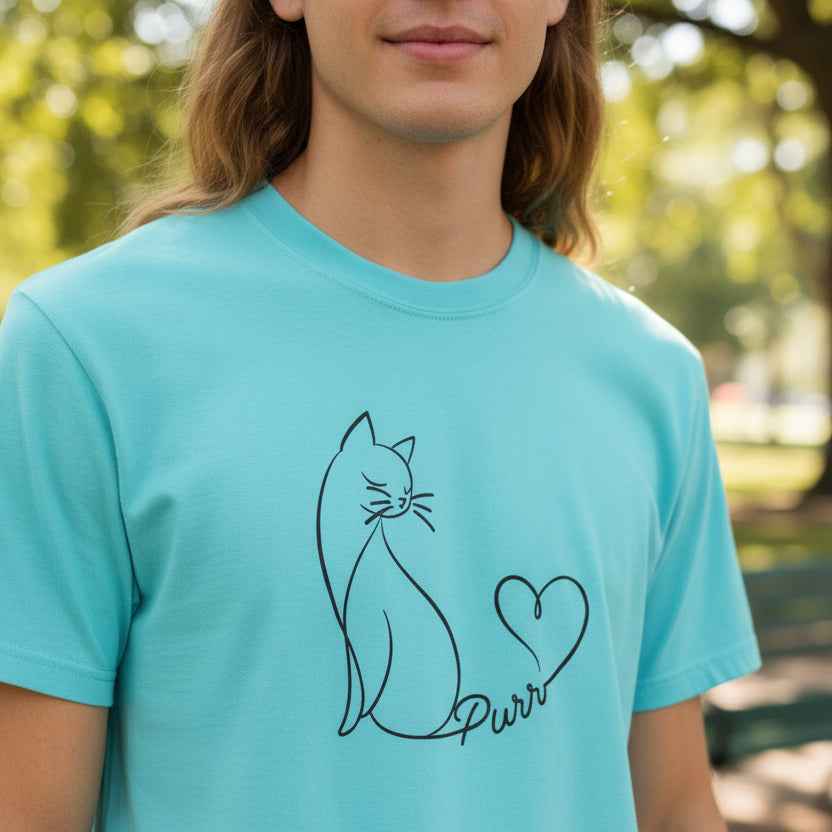Purr Line Art Cat Unisex T-Shirt | Minimal Cat Lover Tee with Heart Tail
