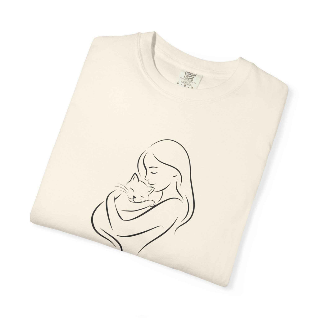 Mother & Cat Embrace T-Shirt | Minimal Line Art Cat Mom Shirt