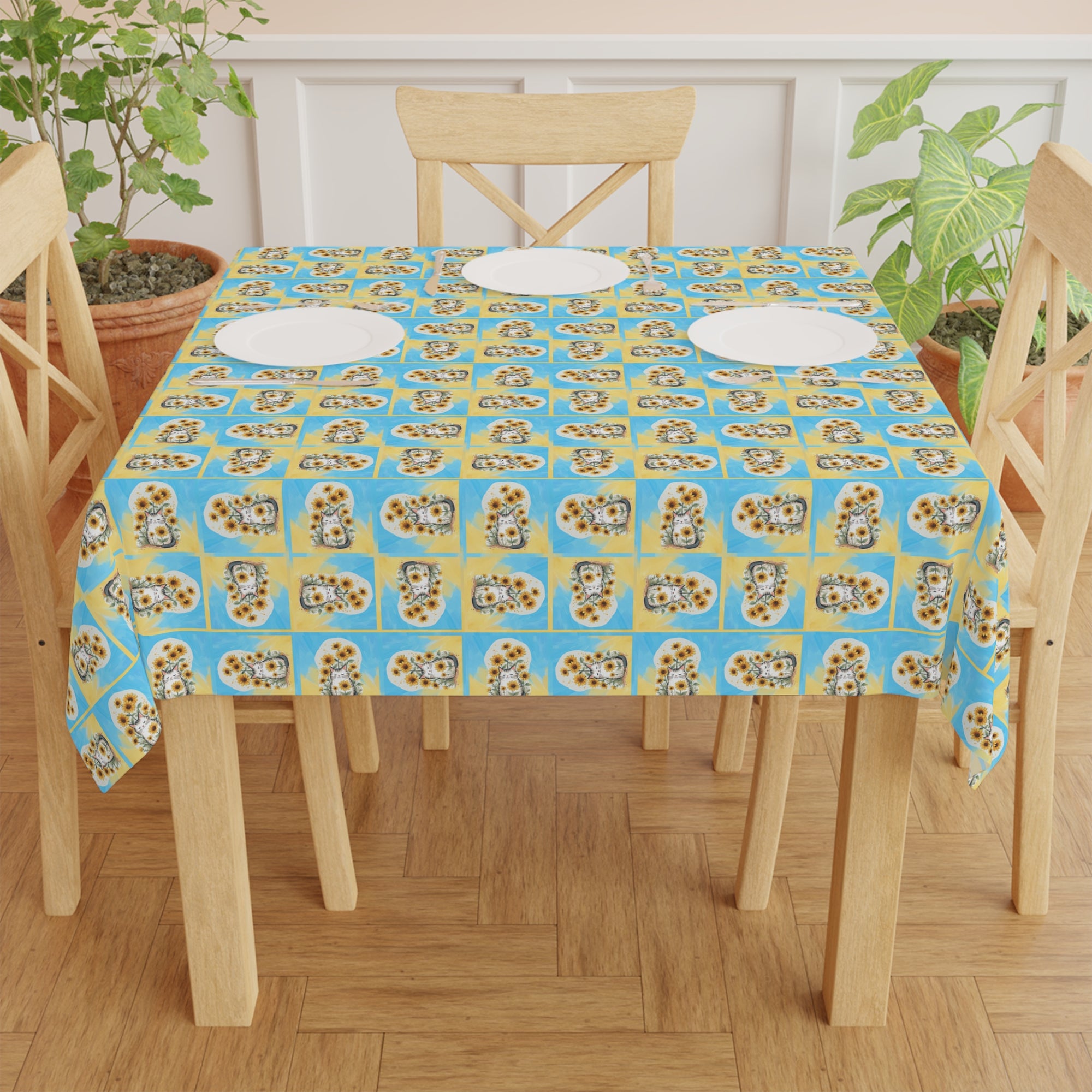 Cheerful Sunflower Kitty Tablecloth for Dining