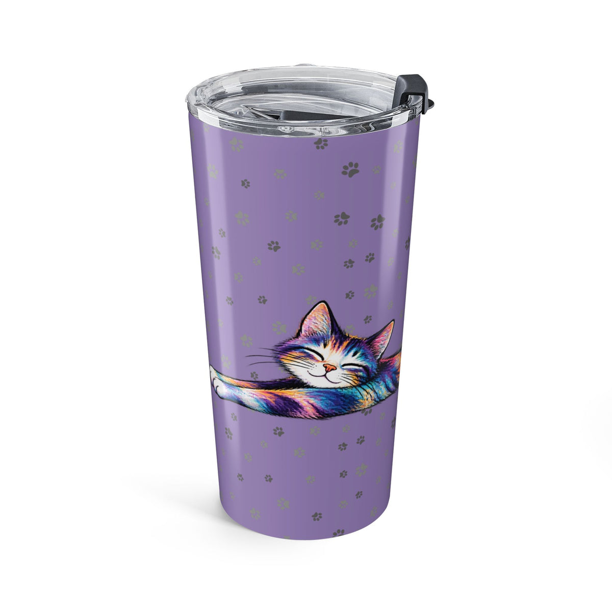 Colorful Stretching Cat 20 oz Insulated Tumbler | Purple Paw Print Travel Cup