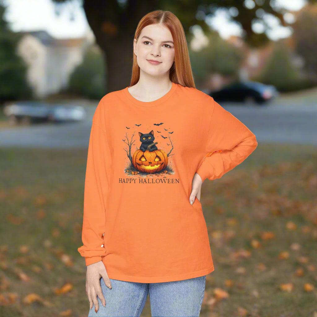 Happy Halloween Cat Long Sleeve T-Shirt – Festive Fall Tee for Cat Lovers