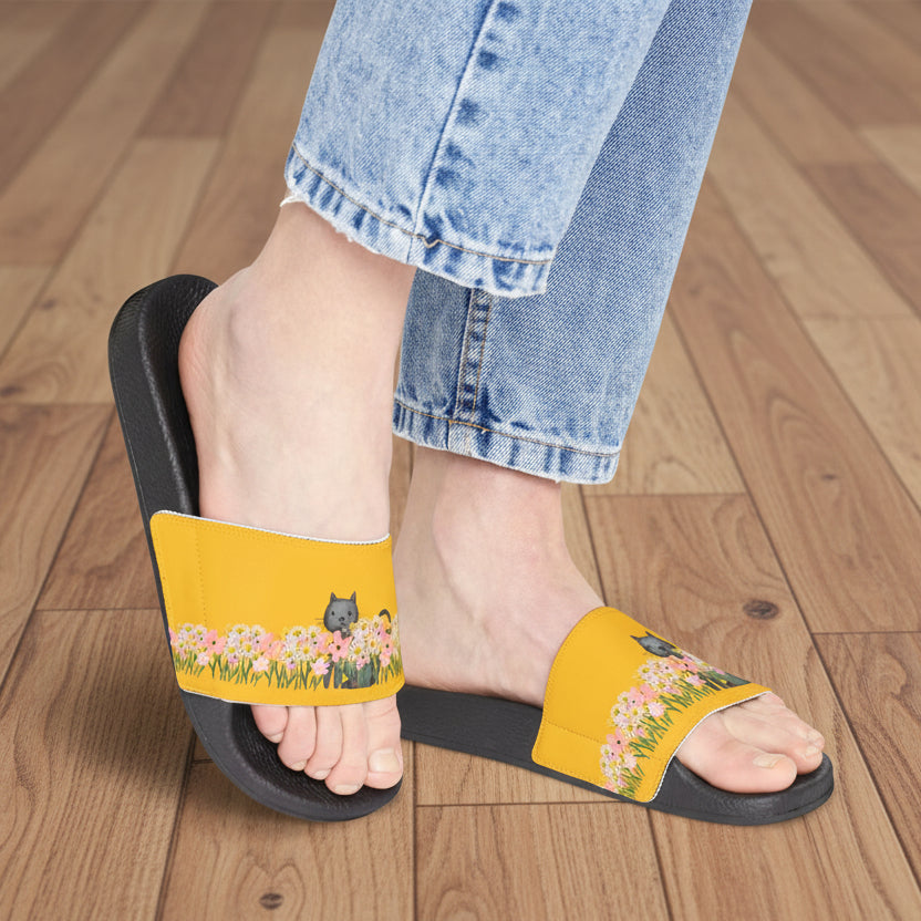 Yellow Flower Cat Slide Sandals – Garden Cat Slides with Interchangeable Straps