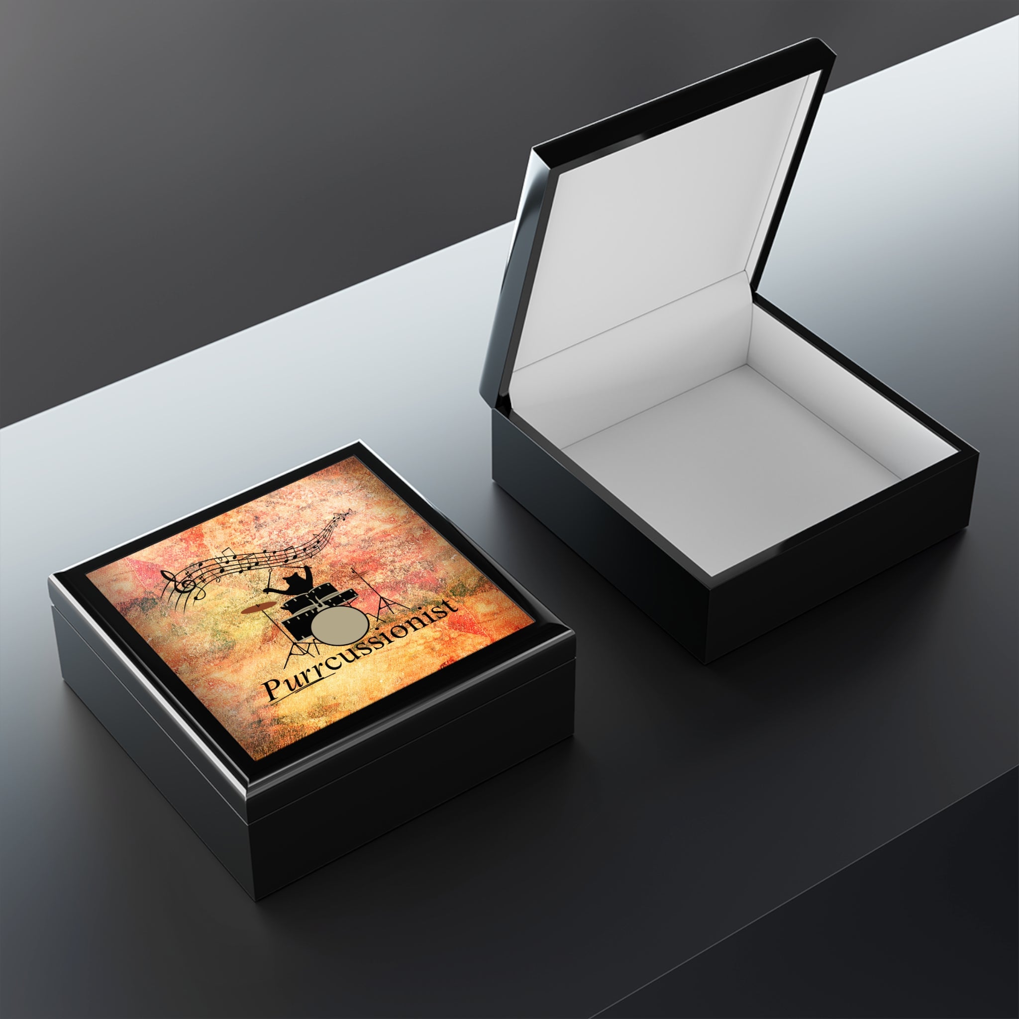 Photo depicting the ​Purrcussionist Jewelry Box from EpiAl's Shop.