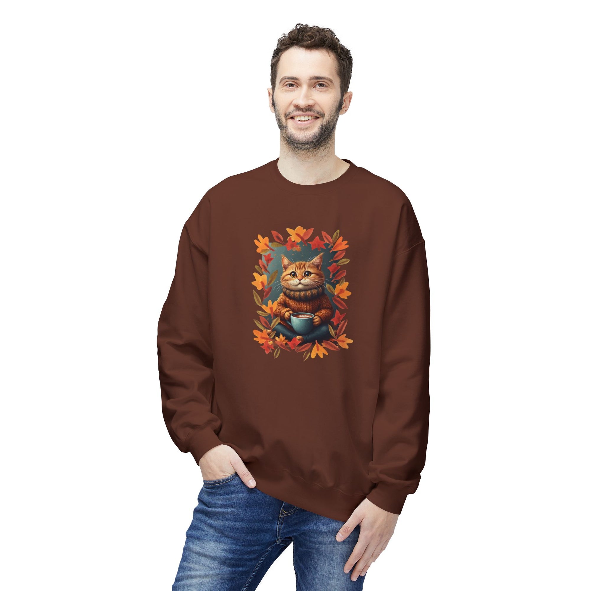 Whimsical Fall Fleece Kitty Sweatshirt, Cozy Autumn Apparel