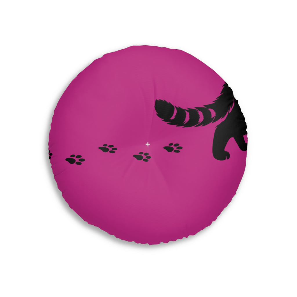 Midnight Cat Walk Round Floor Pillow – Hot Pink Paw Print Cushion (26" or 30")