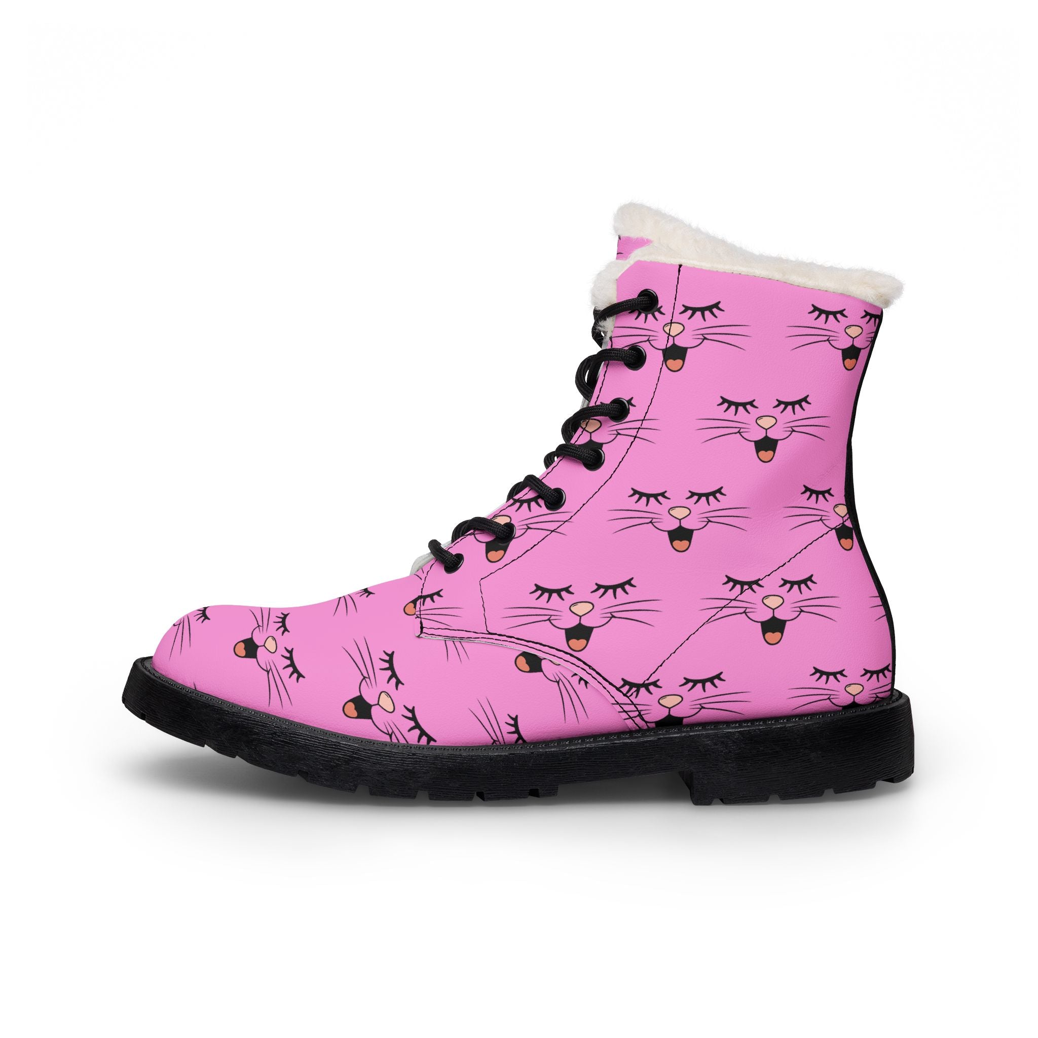 Cat Face Fur-Lined Vegan Leather Winter Boots for Women