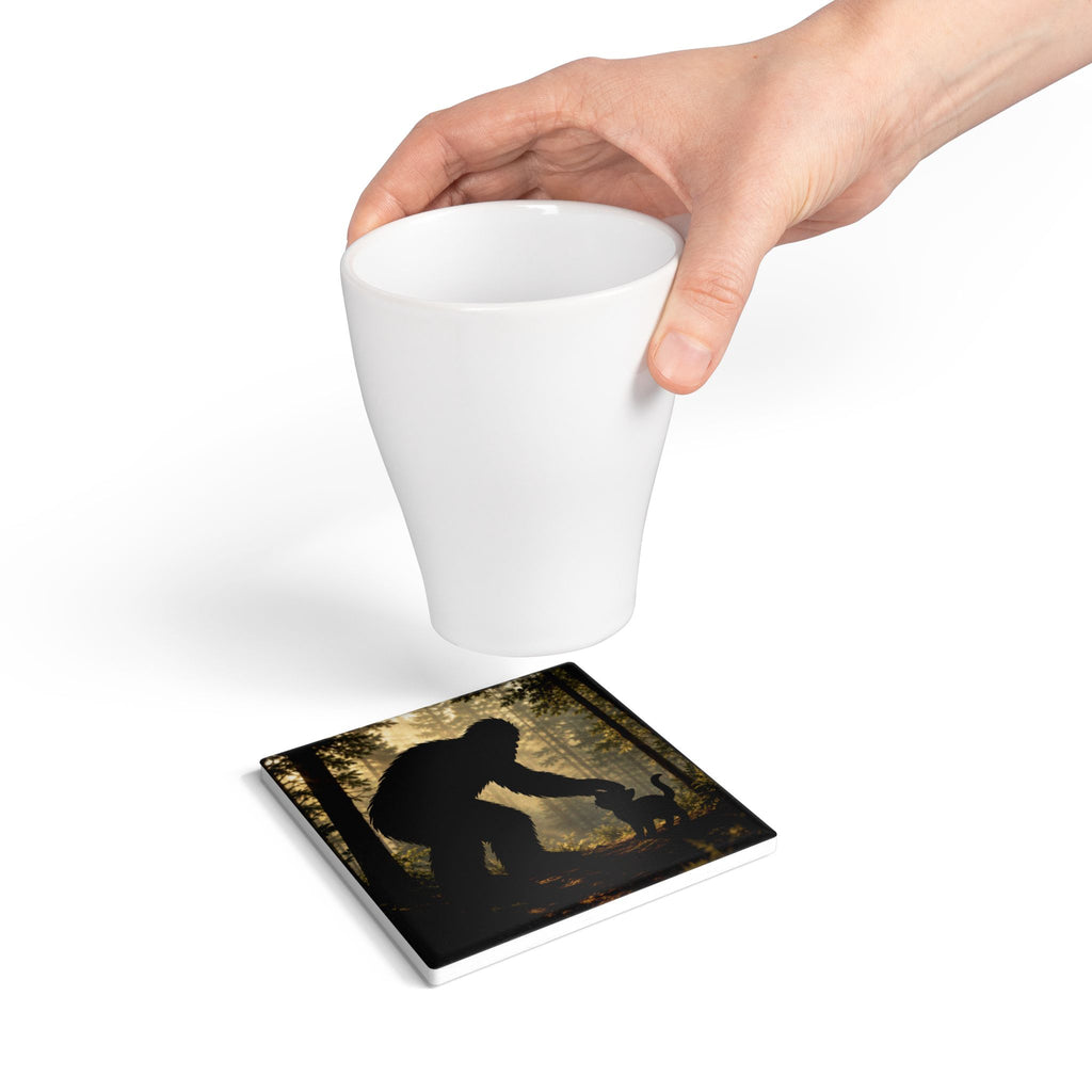 Bigfoot & Cat Ceramic Coaster — Forest Sasquatch Silhouette Drink Mat
