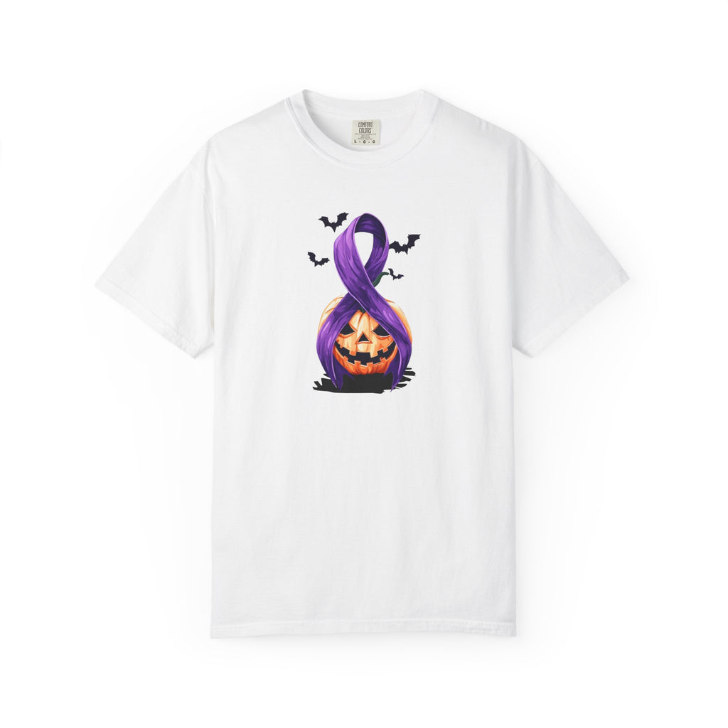 Halloween Pumpkin Unisex T-Shirt with Purple Ribbon Design
