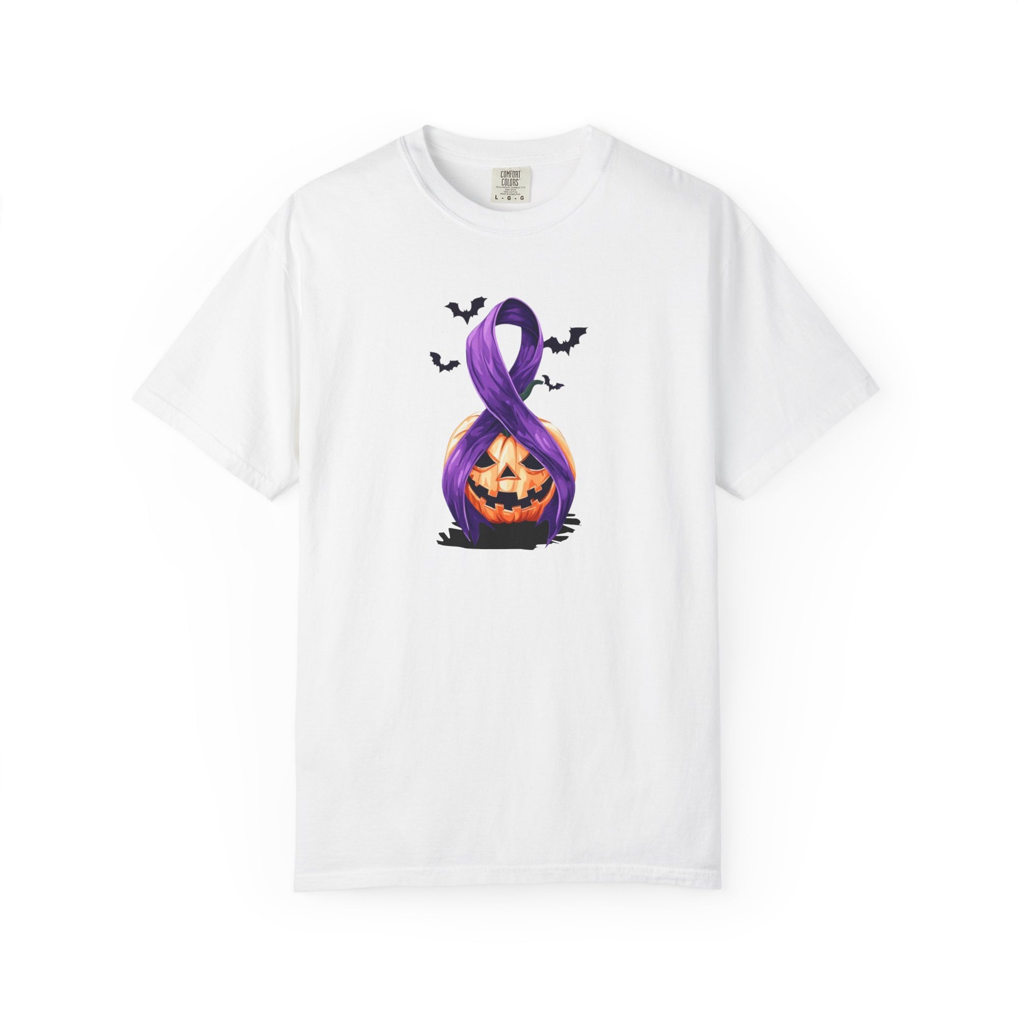 Halloween Pumpkin Unisex T-Shirt with Purple Ribbon Design