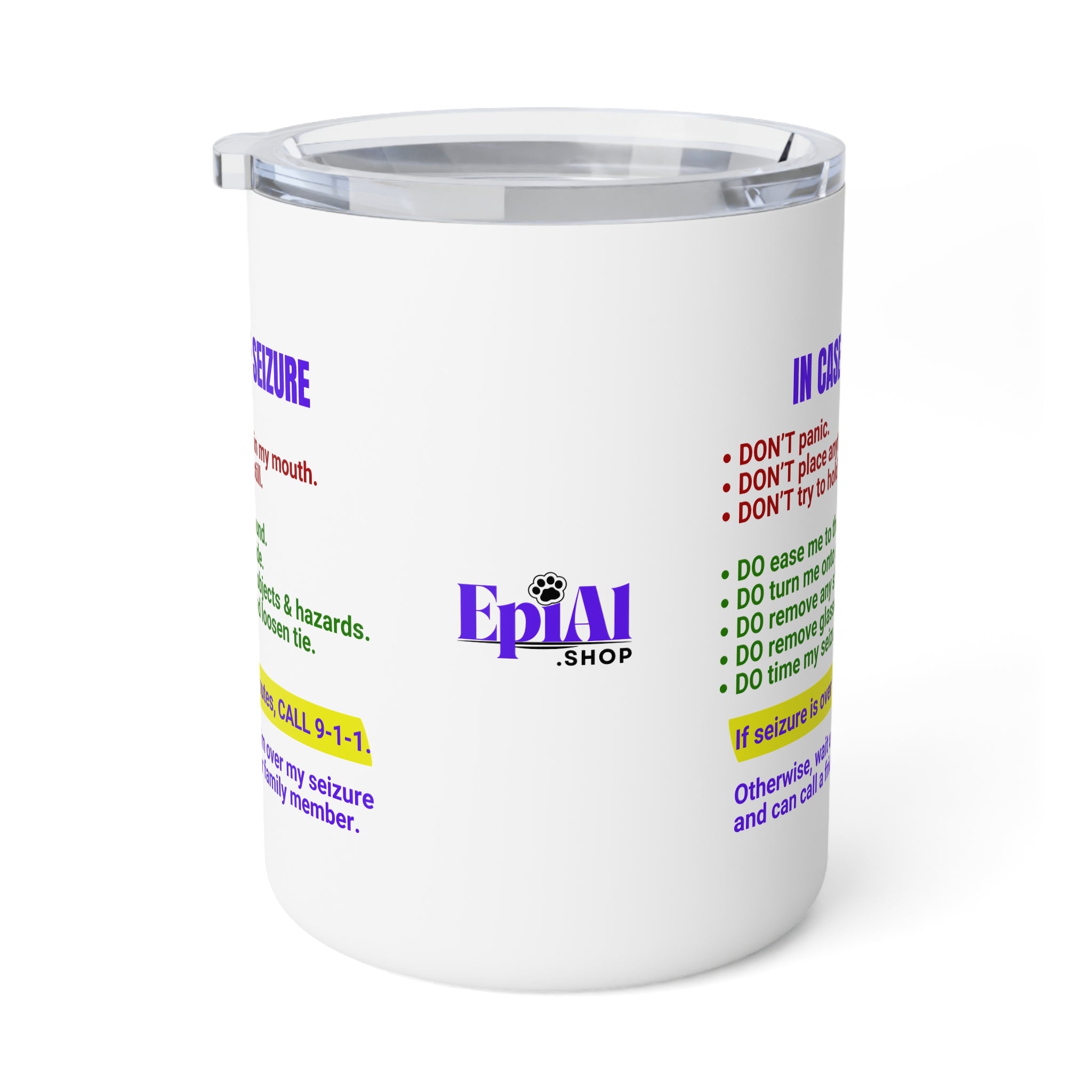 Photo depicting the ​Seizure First Aid Insulated Coffee Mug, 10oz from EpiAl's Shop.
