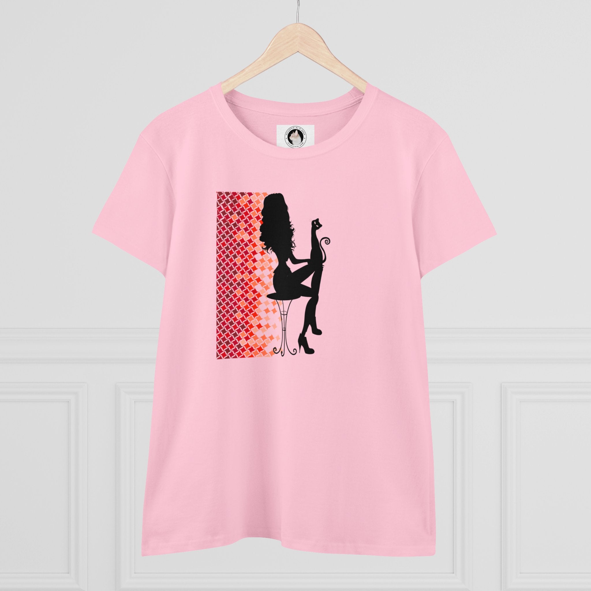 Photo depicting the ​Poised Cat Lady Women's Midweight Cotton Tee from EpiAl's Shop.
