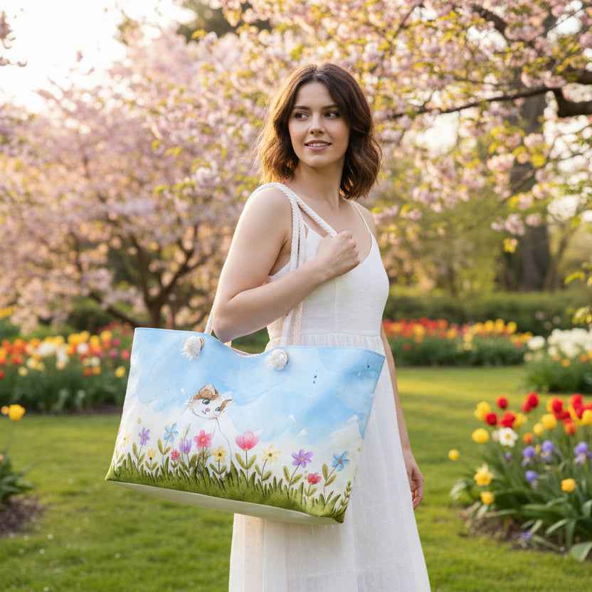 Curious Garden Cat Weekender Bag – Watercolor Floral Travel Tote