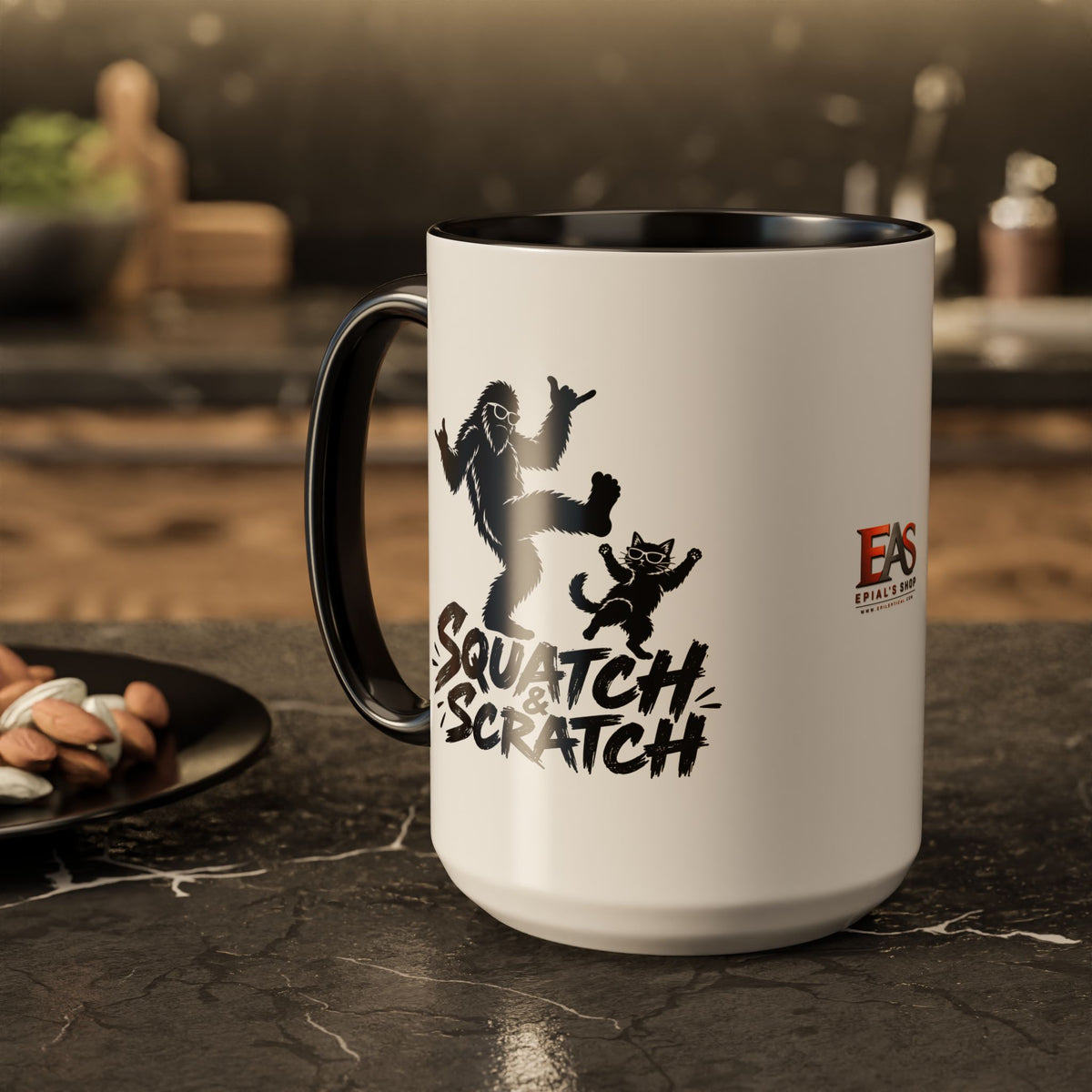 Squatch & Scratch Bigfoot and Cat Coffee Mug | Funny Sasquatch Ceramic Mug | 11oz & 15oz