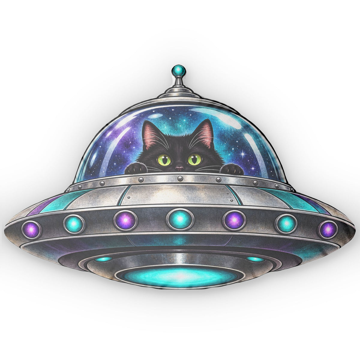 Cat in UFO Shaped Pillow | Black Cat Alien Spaceship Pillow | Funny Cosmic Cat Decor