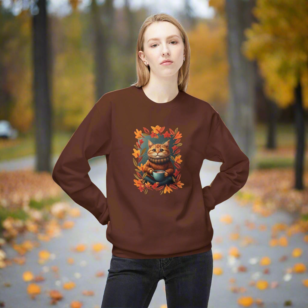 Whimsical Fall Fleece Kitty Sweatshirt, Cozy Autumn Apparel
