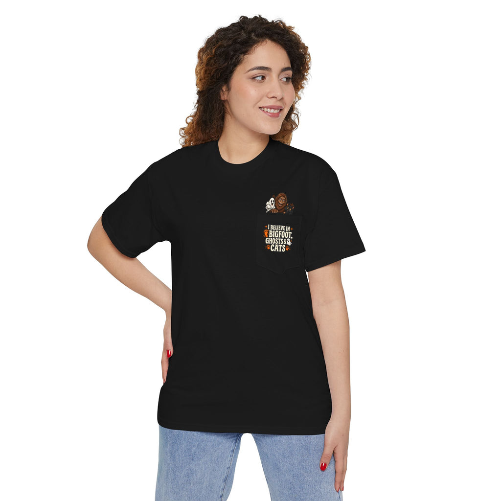 I Believe in Bigfoot, Ghosts & Cats Pocket T-Shirt