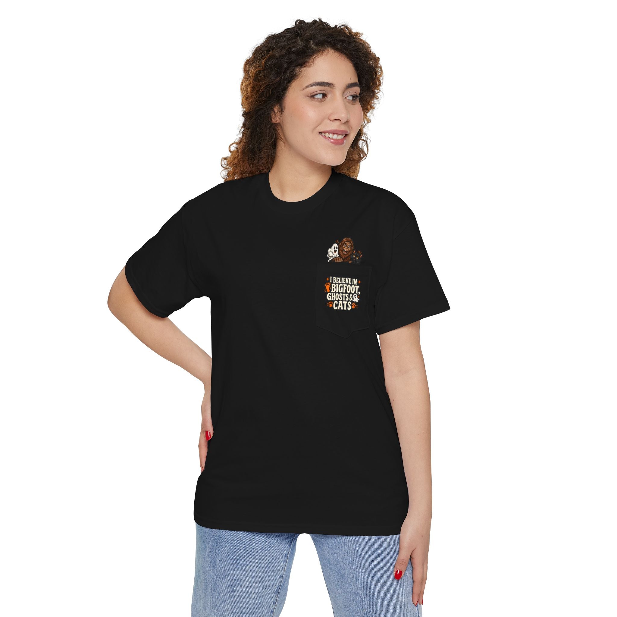 I Believe in Bigfoot, Ghosts & Cats Pocket T-Shirt
