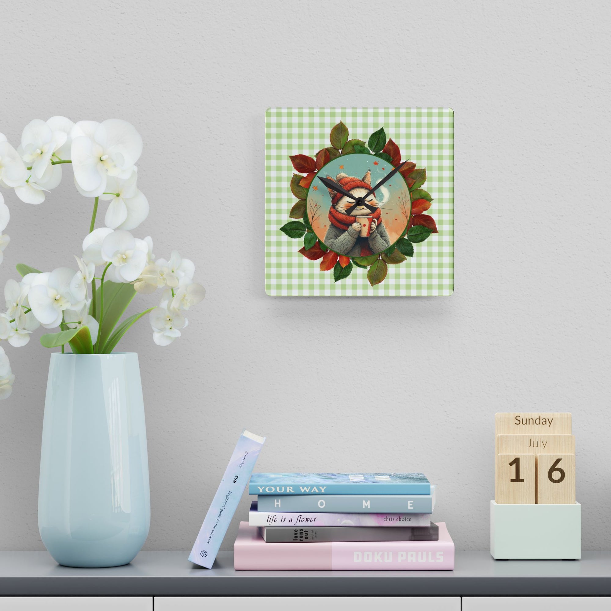 Country Autumn Kitty Acrylic Wall Clock, Cute Cat Decor
