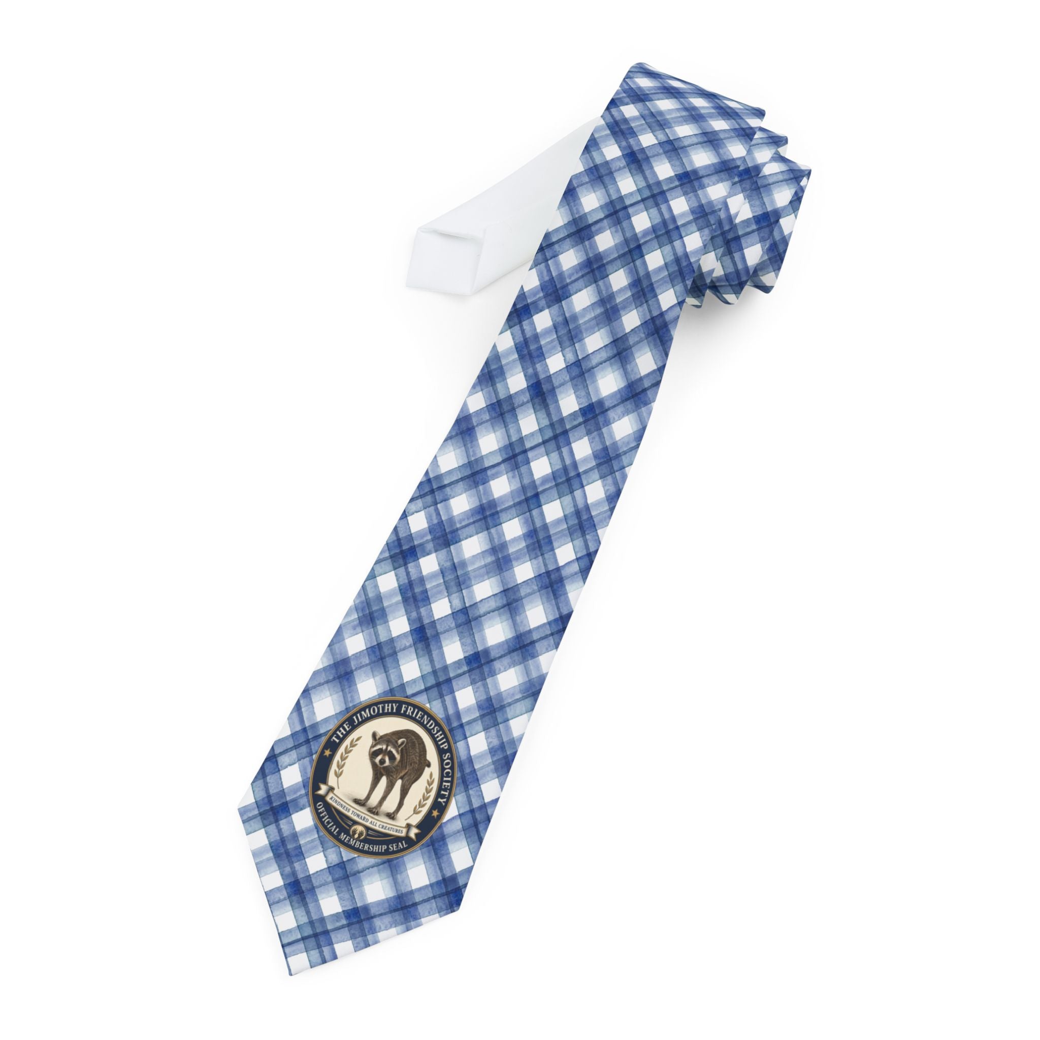 Stubby Woodland Raccoon Necktie | Blue Plaid Novelty Tie