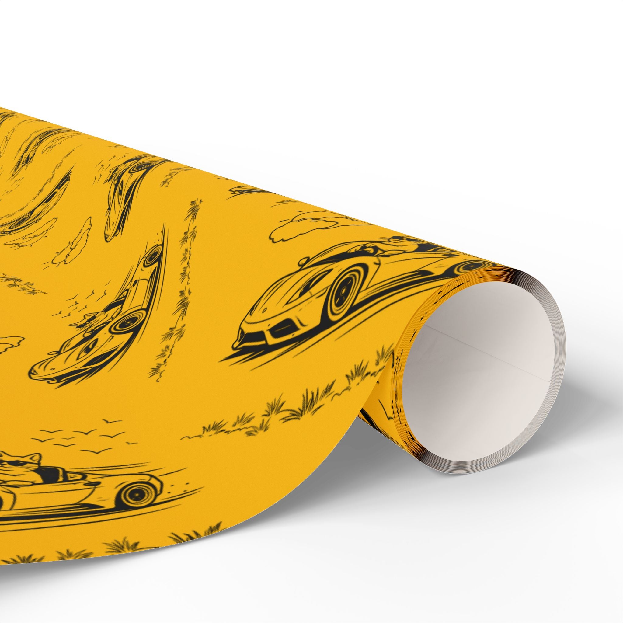 Zoomies Road Trip Cat Wrapping Paper – Golden Sketch Gift Wrap with Racing Cat Design