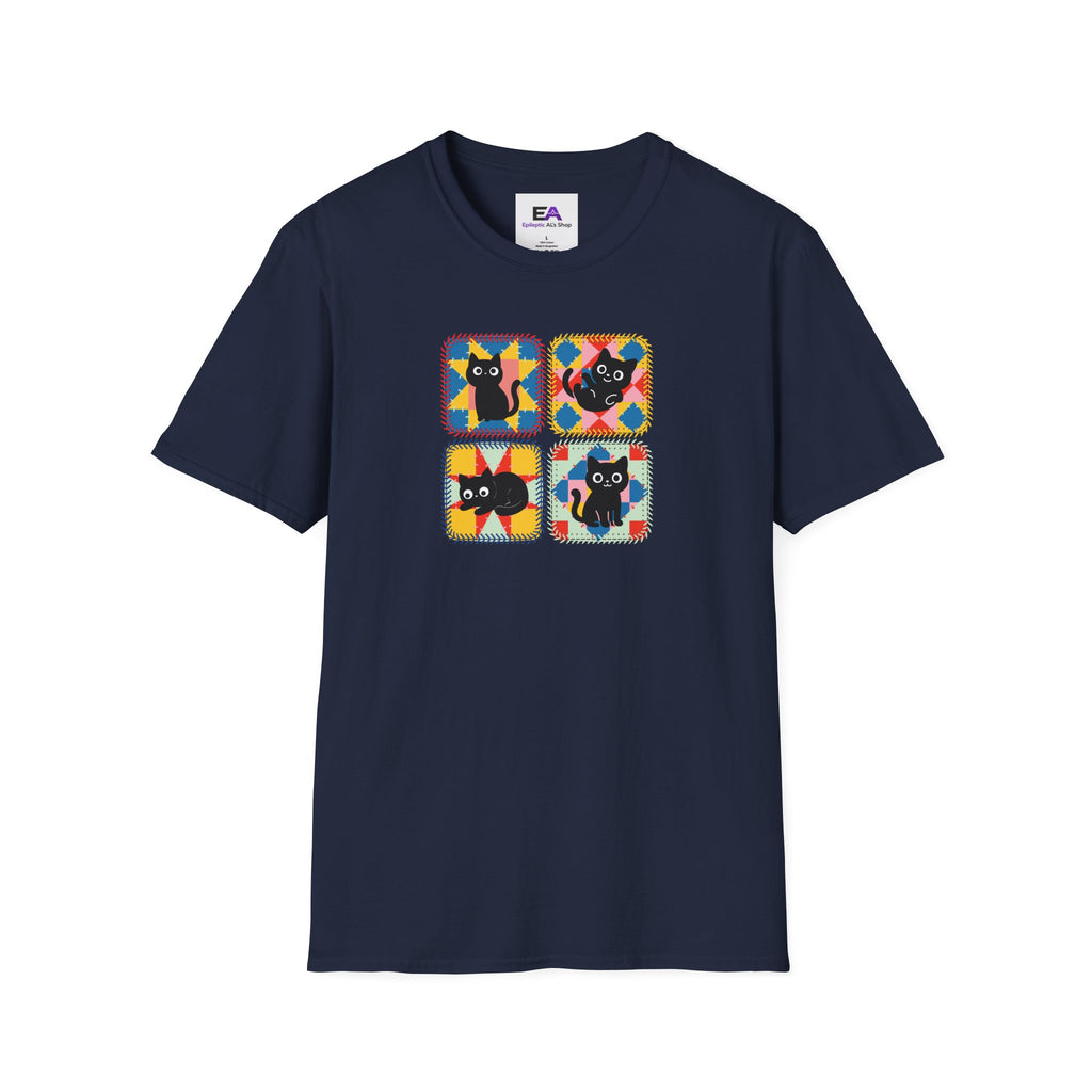 Patchwork Black Cats T-Shirt | Colorful Quilt Cat Lover Graphic Tee