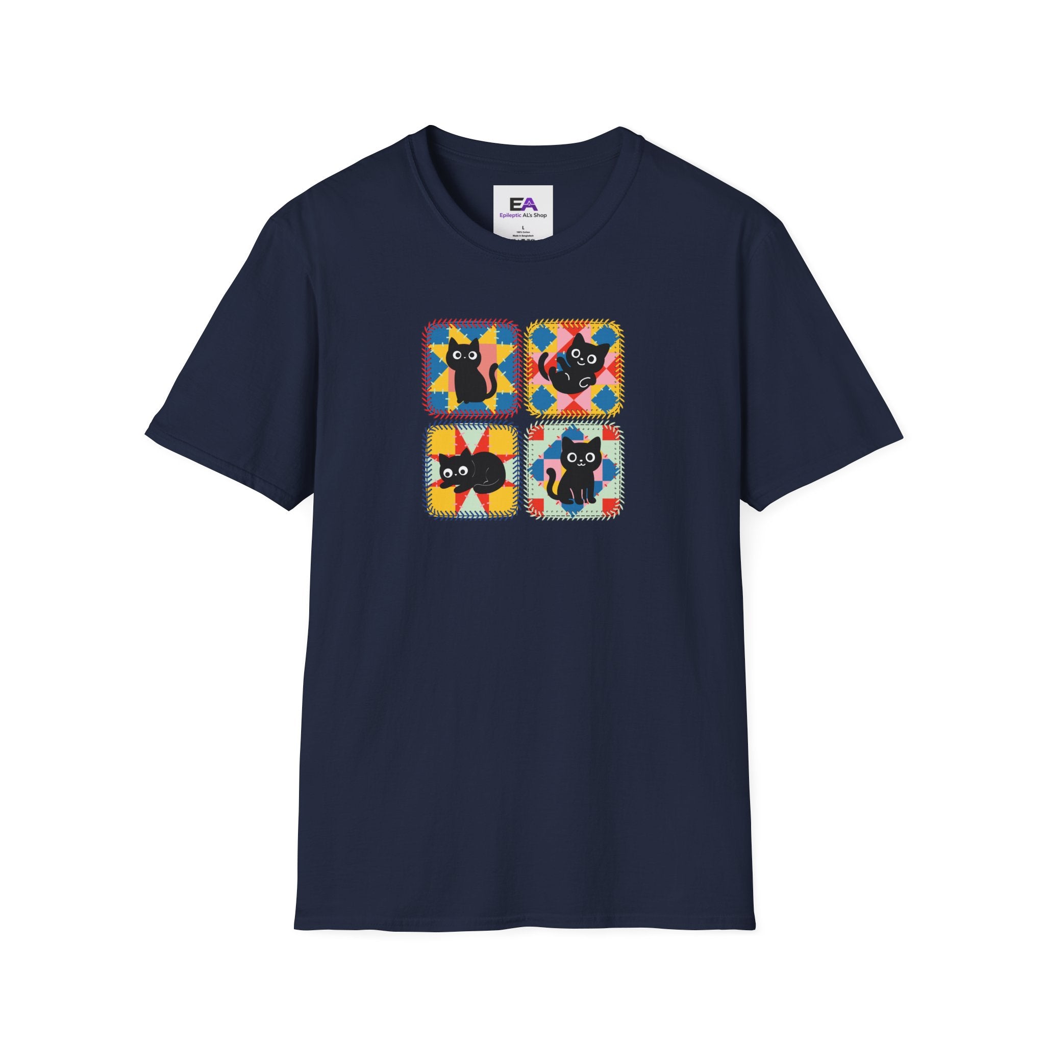 Patchwork Black Cats T-Shirt | Colorful Quilt Cat Lover Graphic Tee