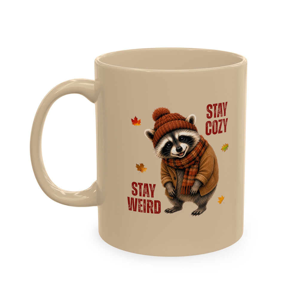 Jimothy “Stay Cozy, Stay Weird” Fall Raccoon Mug, 11 oz