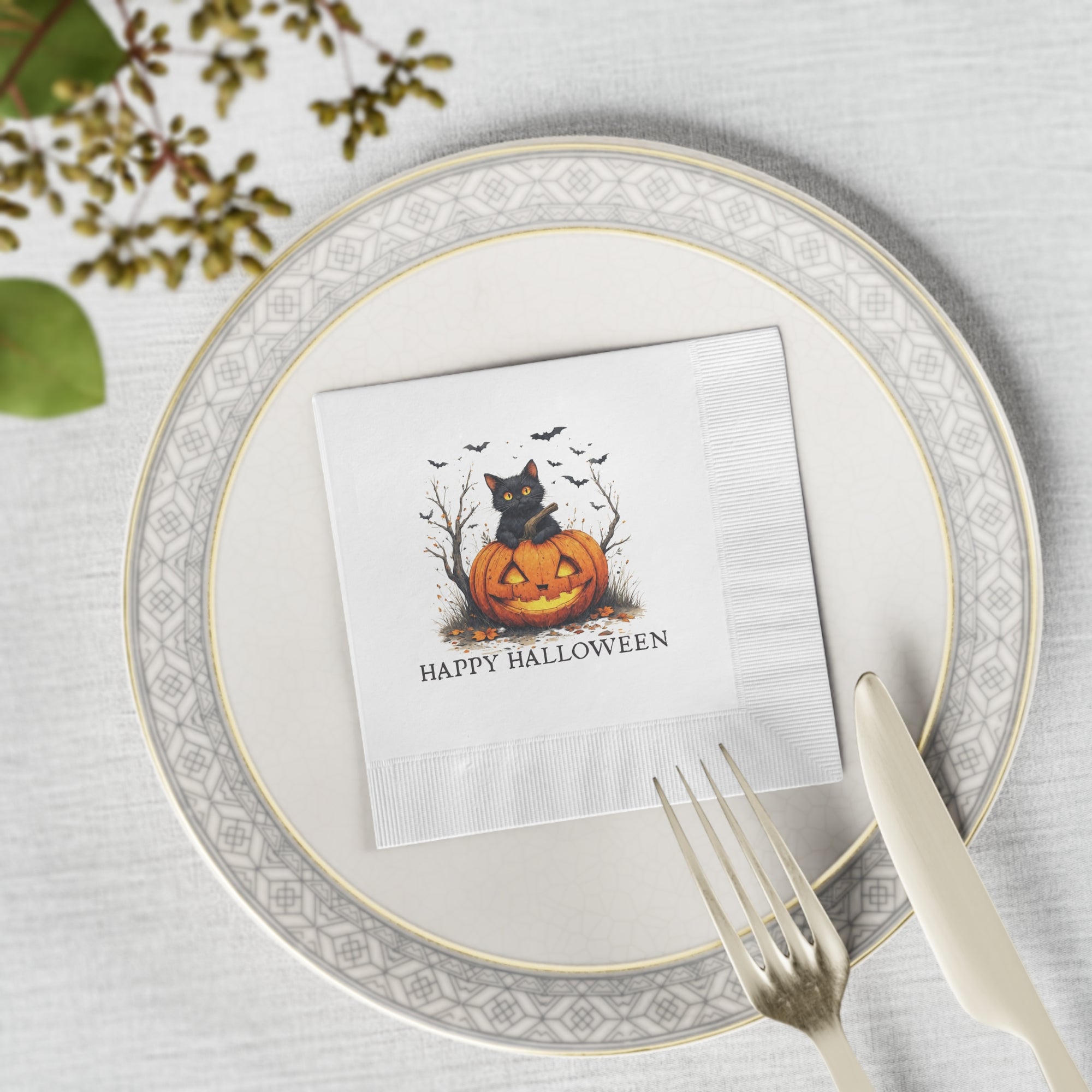Halloween Themed Napkins with Cat and Pumpkin Design