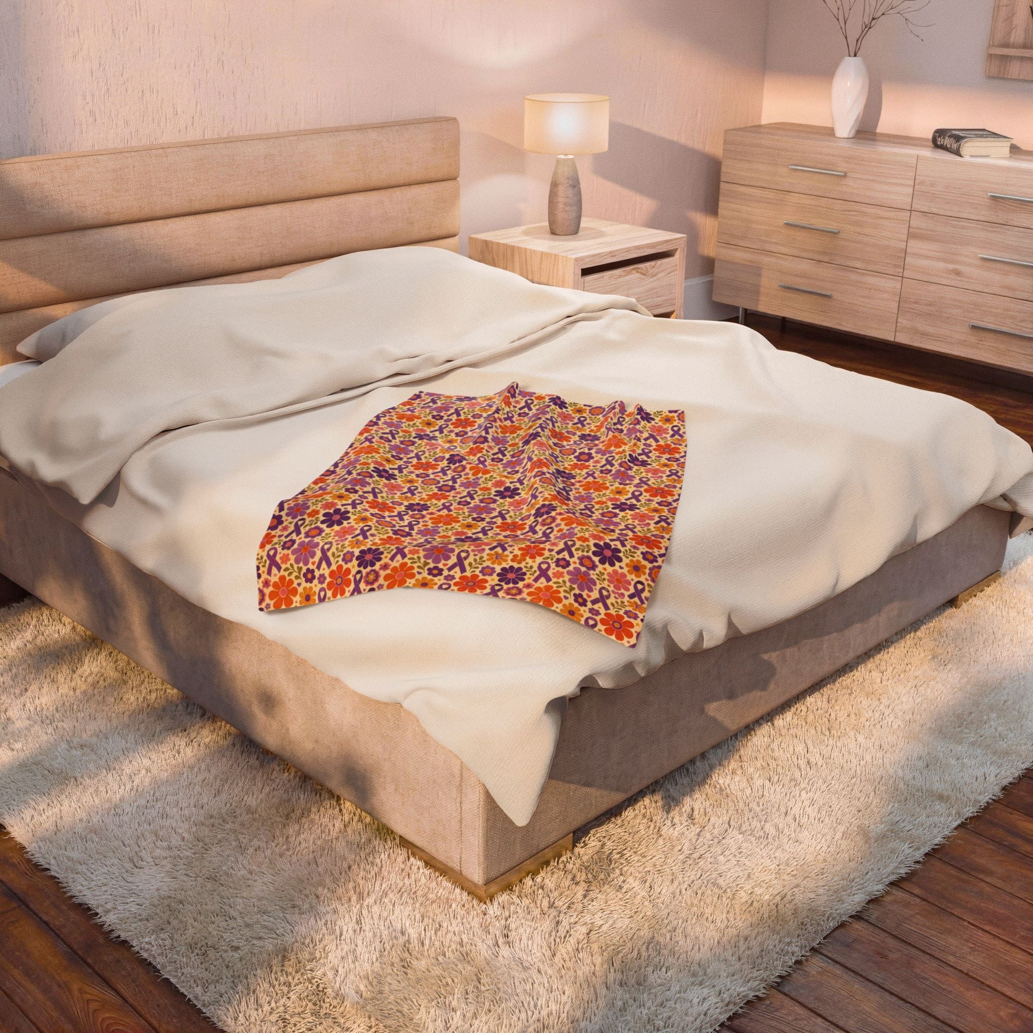 Retro Floral Epilepsy Awareness Plush Blanket | Purple Ribbon Throw