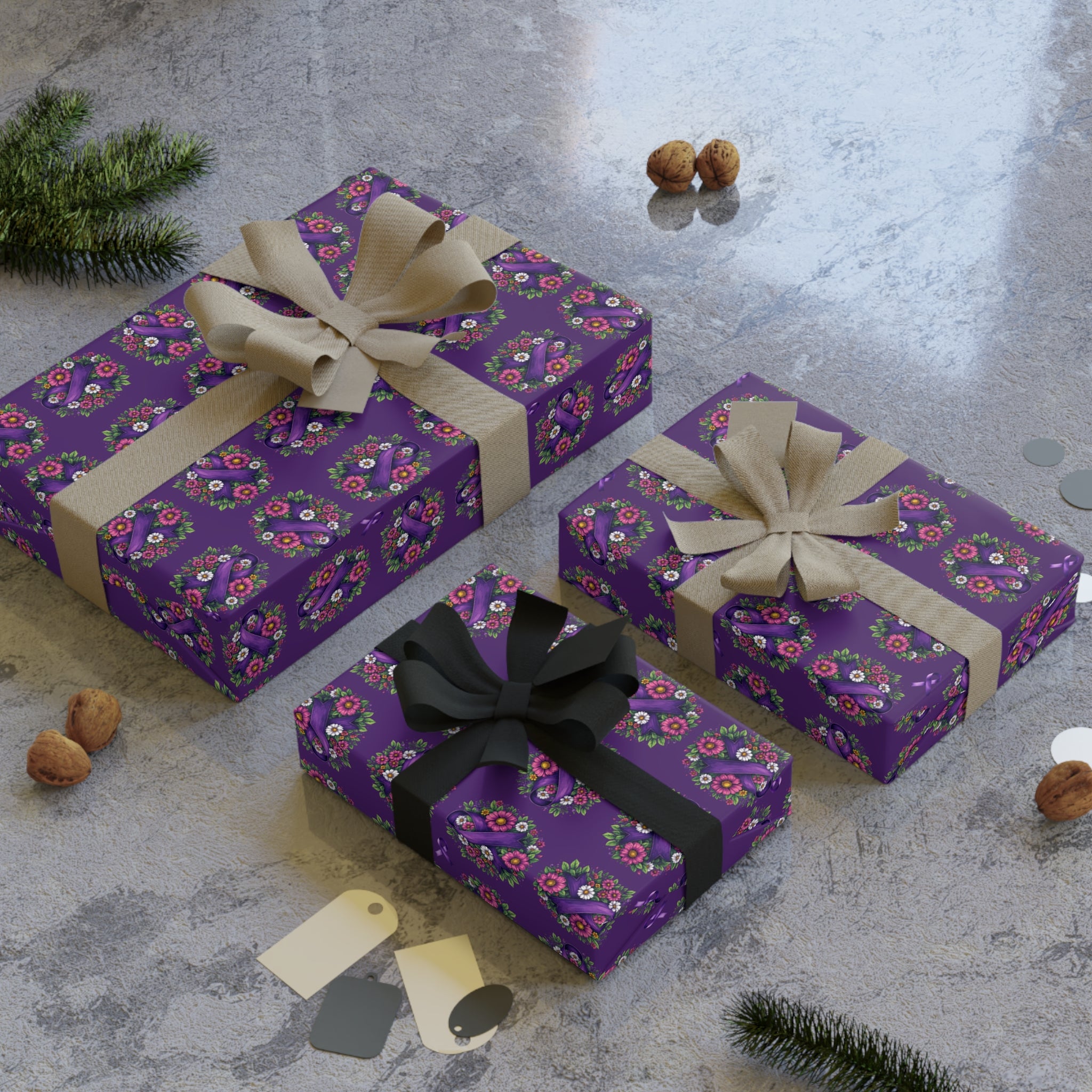 Purple Ribbon & Flowers Gift Wrapping Paper Roll - Paper Products, Gift Wrapping Paper - EpiAl's Shop