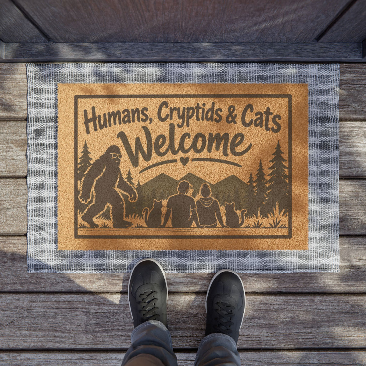 Humans, Cryptids & Cats Welcome Doormat | Bigfoot & Cat Coir Welcome Mat