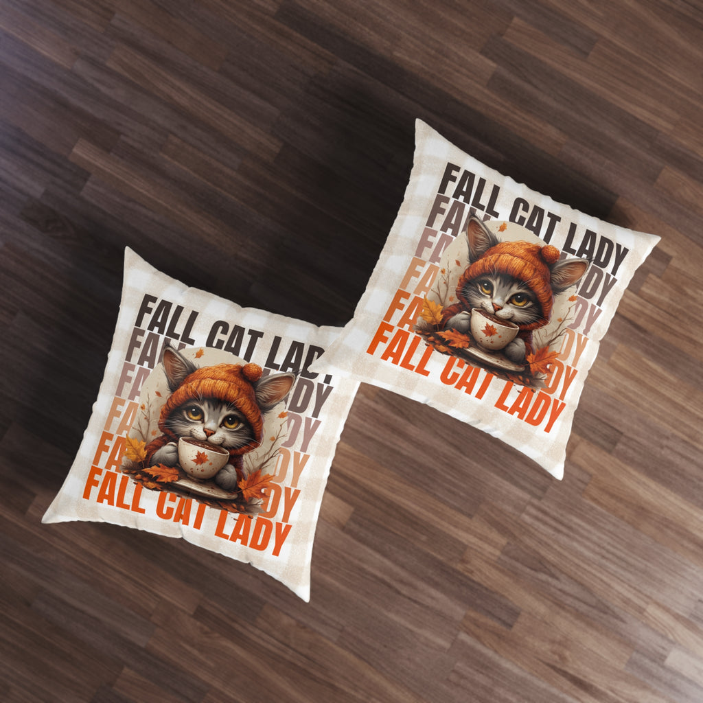 Fall Cat Lady Tufted Floor Pillow, Cozy Home Decor