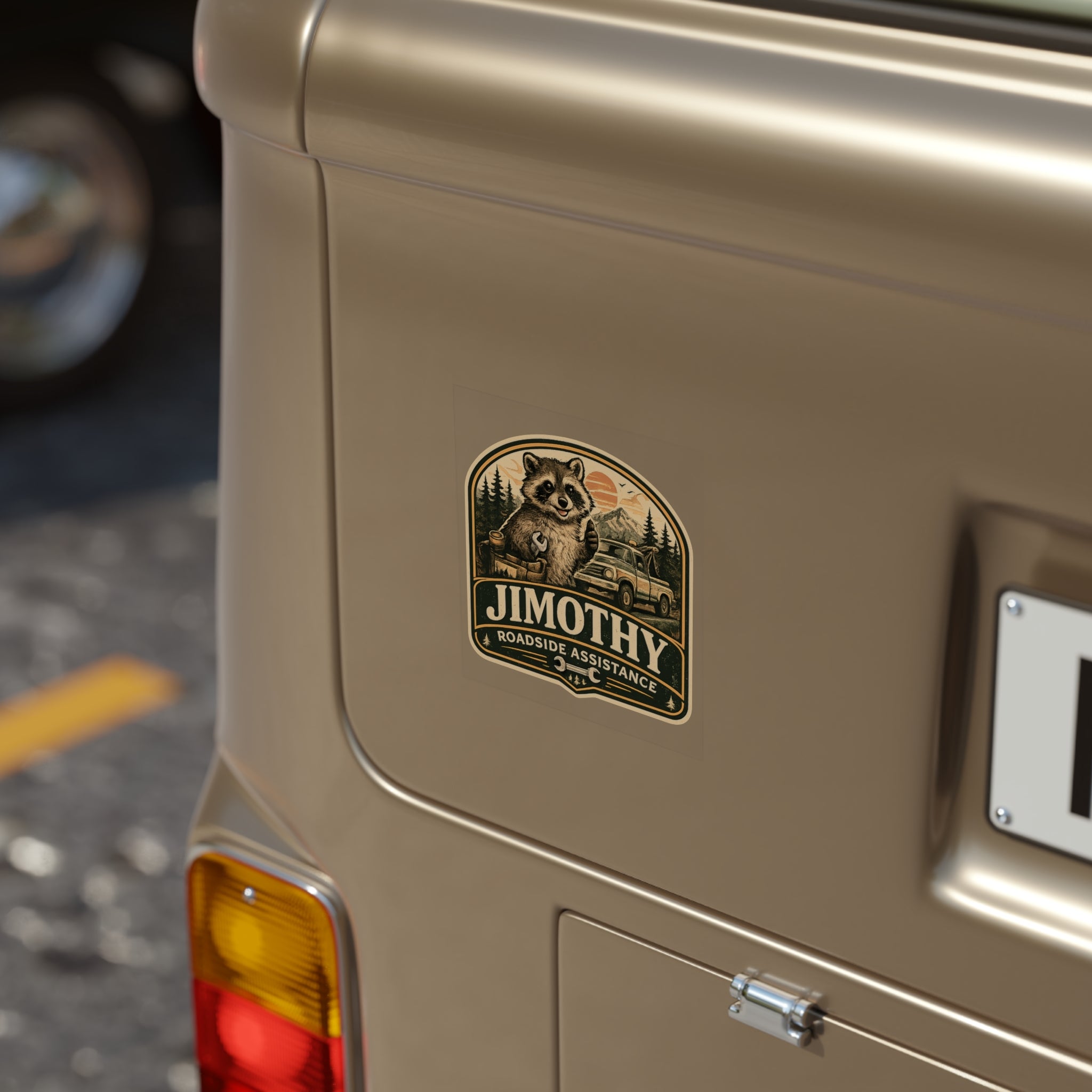 Jimothy Roadside Assistance Auto Decal | Transparent Weatherproof Raccoon Sticker