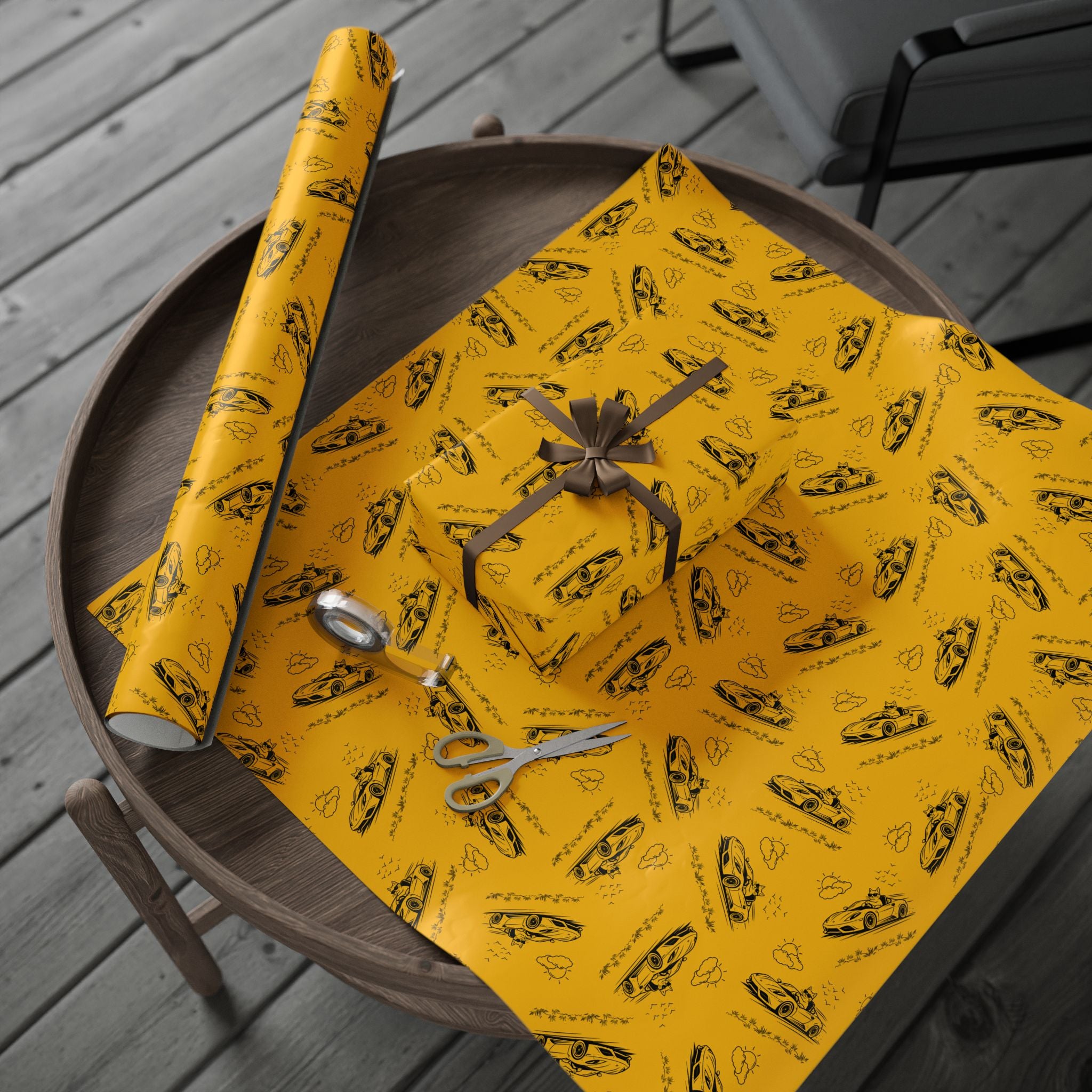 Zoomies Road Trip Cat Wrapping Paper – Golden Sketch Gift Wrap with Racing Cat Design