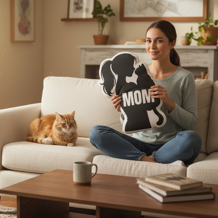MOM – Cat & Mother Silhouette Mirror-Image Shaped Pillow