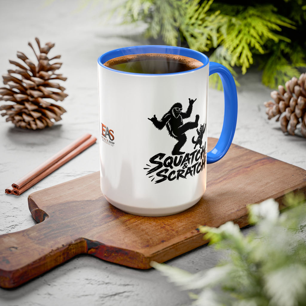 Squatch & Scratch Bigfoot and Cat Coffee Mug | Funny Sasquatch Ceramic Mug | 11oz & 15oz