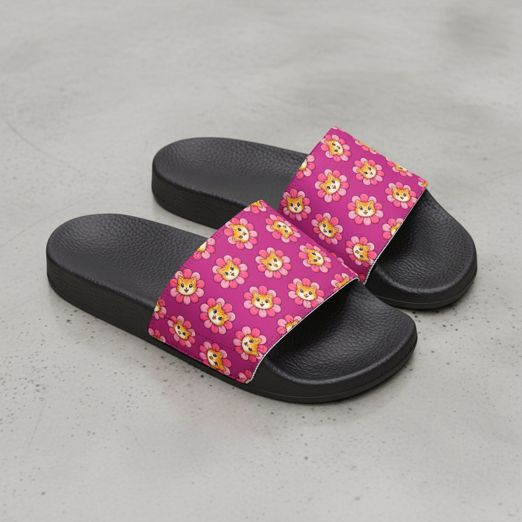 Flower Cat Slide Sandals – Pink Paw Bloom Slides with Interchangeable Straps
